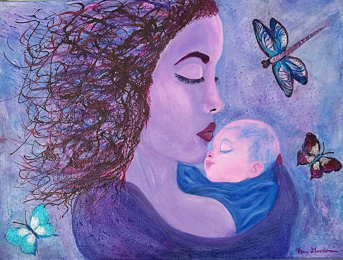 Profile portrait of a woman and sleeping infant surrounded by butterflies and flowing hair in soft purple tones.