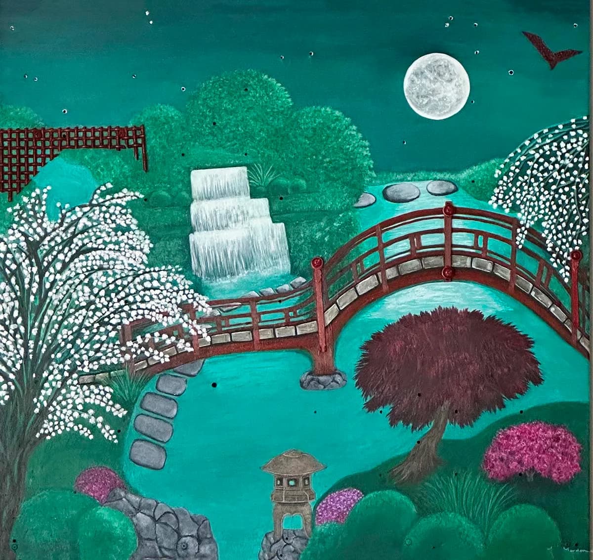 Stylized garden landscape with wooden bridge, flowering trees, and full moon in a teal palette.