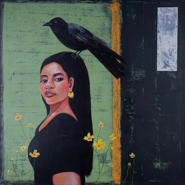Portrait of a woman with a black bird perched on her head, rendered in acrylic with yellow flowers and textured mixed-media elements.