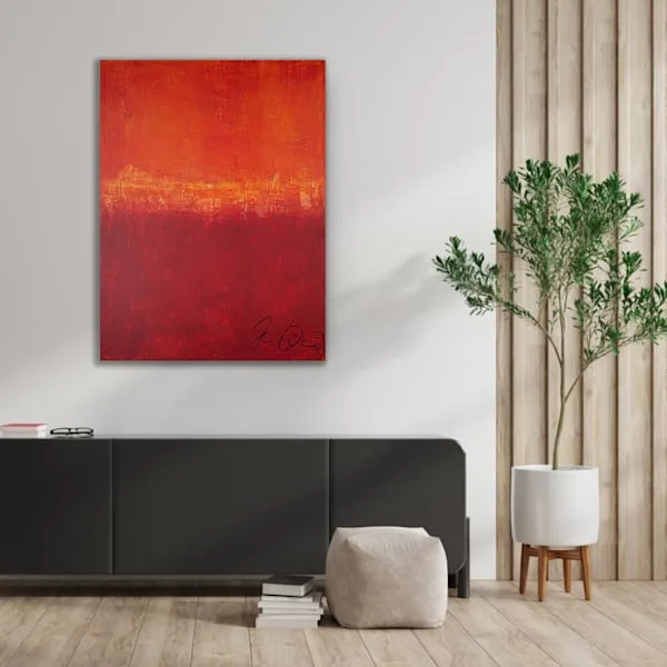 Abstract painting with red and orange gradient and golden horizontal accent.