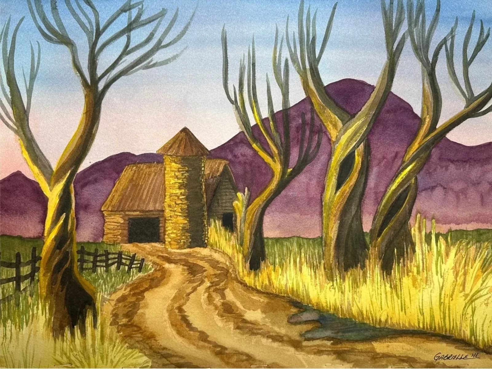 Watercolor painting of an isolated frontier cabin with gnarled trees and desert hills.
