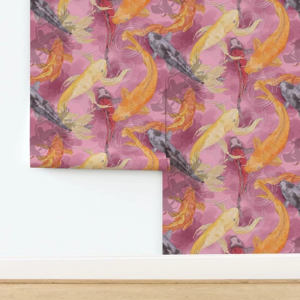 Repeating surreal koi and human figures in golden and rosy tones, printed on paper.