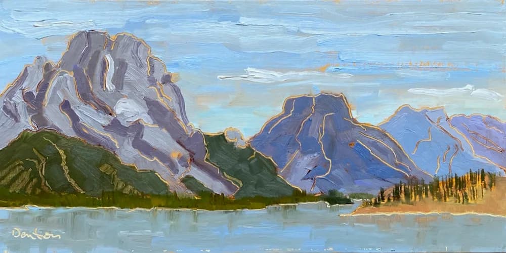 Alpine mountain peaks with a forested shoreline reflected in a calm lake, painted in acrylic.