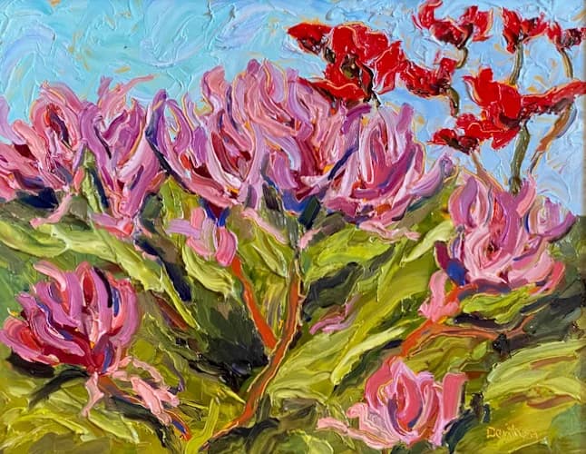 Pink and red tulips in a sunlit garden rendered in loose, expressive oil brushwork.