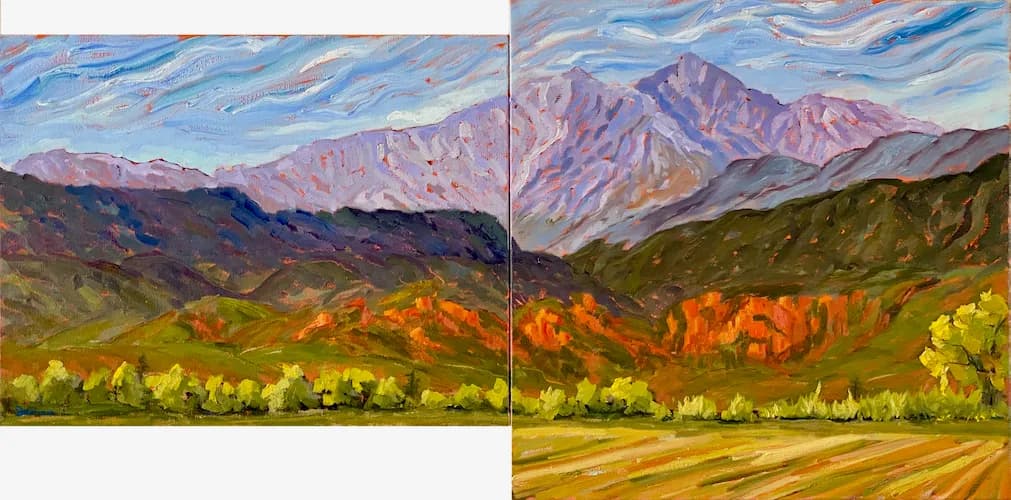 Oil painting of the Boulder Flatirons and valley landscape with pumpkin-skin orange outcroppings and heather-toned peaks beneath a flowing blue sky.