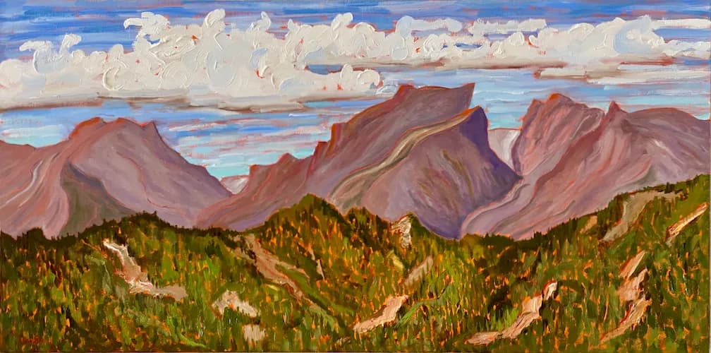 Oil painting of the Boulder Flatirons rising above forested foothills beneath a dramatic sky.