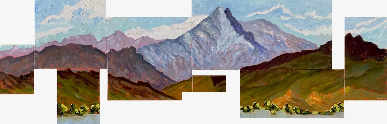 Alpine mountain landscape in oil paint with a tilted, fragmented compositional structure.