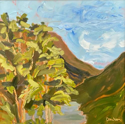 Golden aspen tree with Boulder Flatirons rising beyond, painted in loose brushstrokes with bright blues and earth tones.