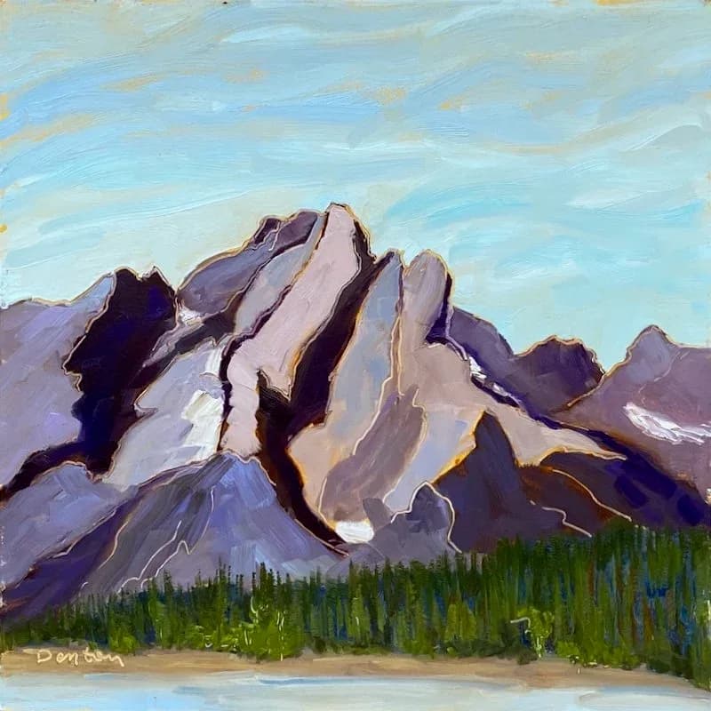 Steeply tilted alpine mountain ridges with conifer forest and sky, rendered in oil with loose brushwork.
