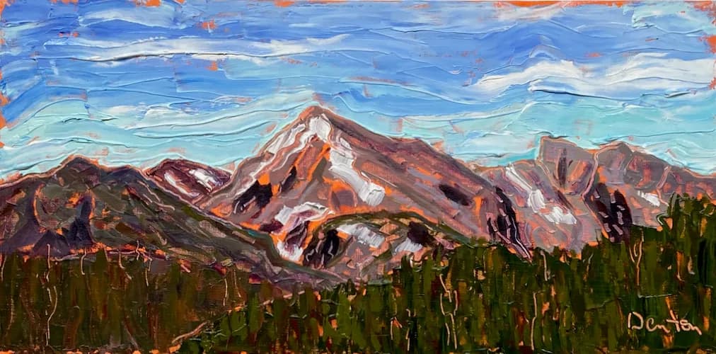 Boulder Flatirons painted in oil with bold brushstrokes and warm sunset tones against a blue sky.