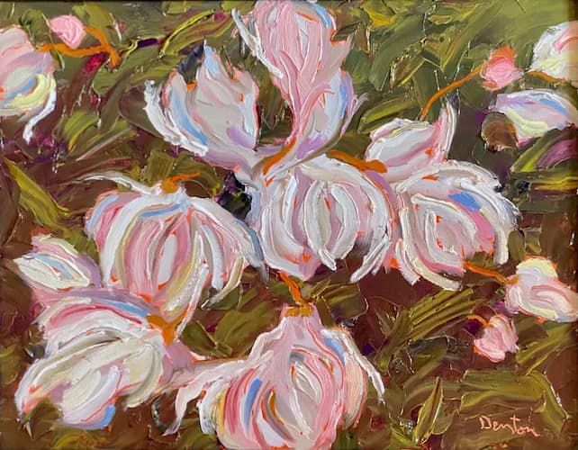 Pink and white flowers rendered in loose, expressive brushwork against a muted olive-green background.