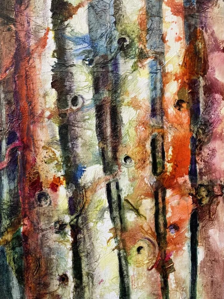 Oil painting of birch tree trunks with textured bark in rust, brown, and natural gray tones.