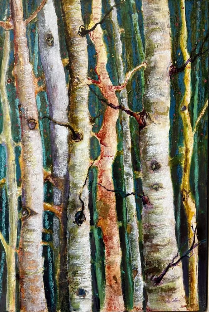 Close study of birch tree trunks with lichen and branches, rendered in oil paint.