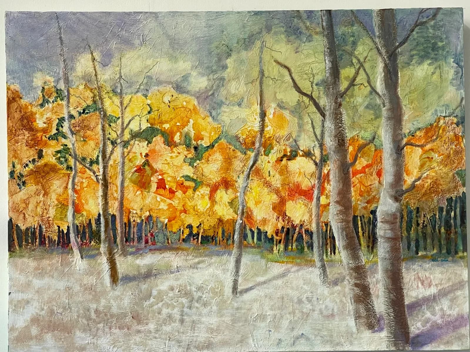 An autumn forest scene with golden trees and pale trunks rendered in oil paint with impressionistic brushwork.