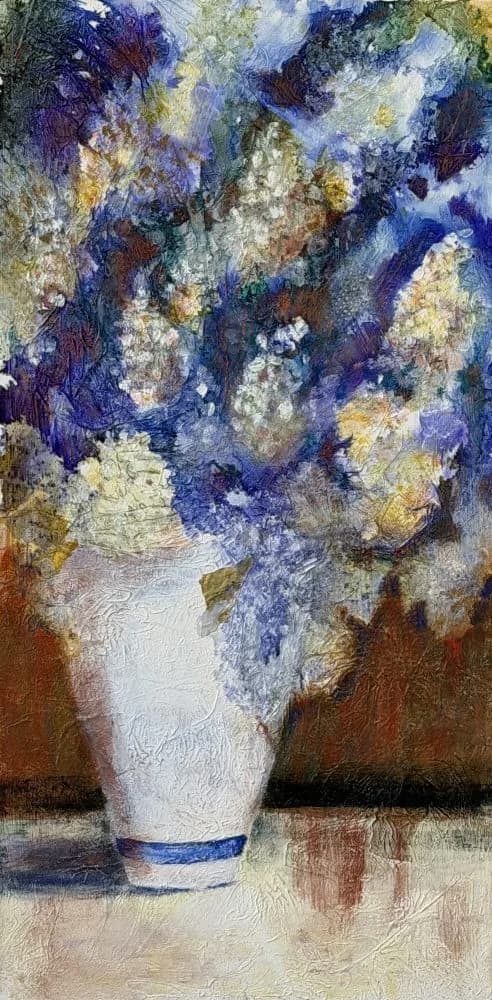 A vase of blue and golden flowers rendered in impressionistic oil paint.