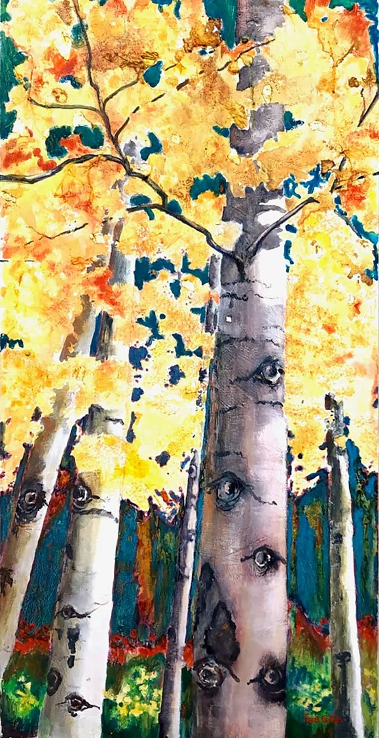 Aspen trees with golden and orange autumn leaves rendered in acrylic with expressive brushwork and layered color.
