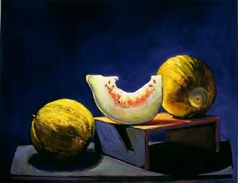 Two whole melons and a sliced half arranged on a platform against a deep blue background in oil.