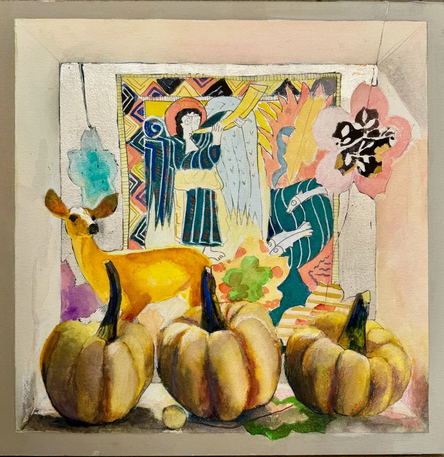 Mixed-media collage with pumpkins, a yellow deer, and abstract figures arranged on layered paper.