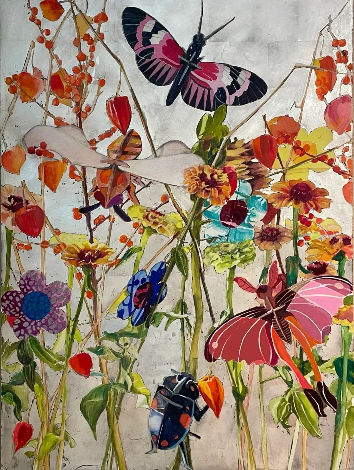 Garden of colorful flowers and butterflies rendered in oil paint against a light neutral background.