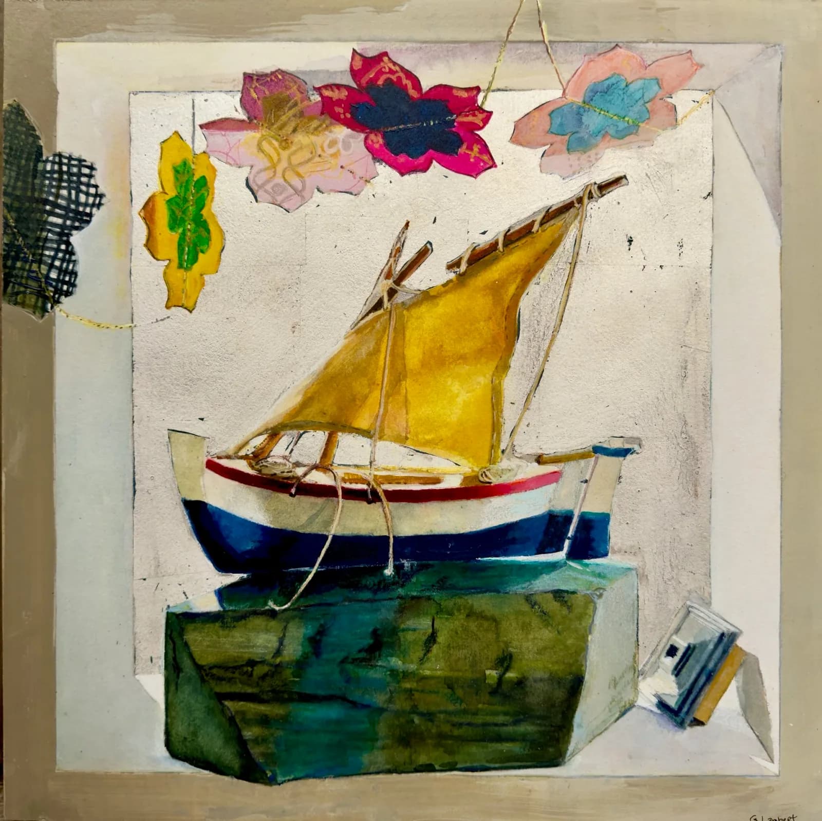 A colorful watercolor and mixed-media composition depicting a yellow sailboat atop layered geometric forms with abstracted flower studies.