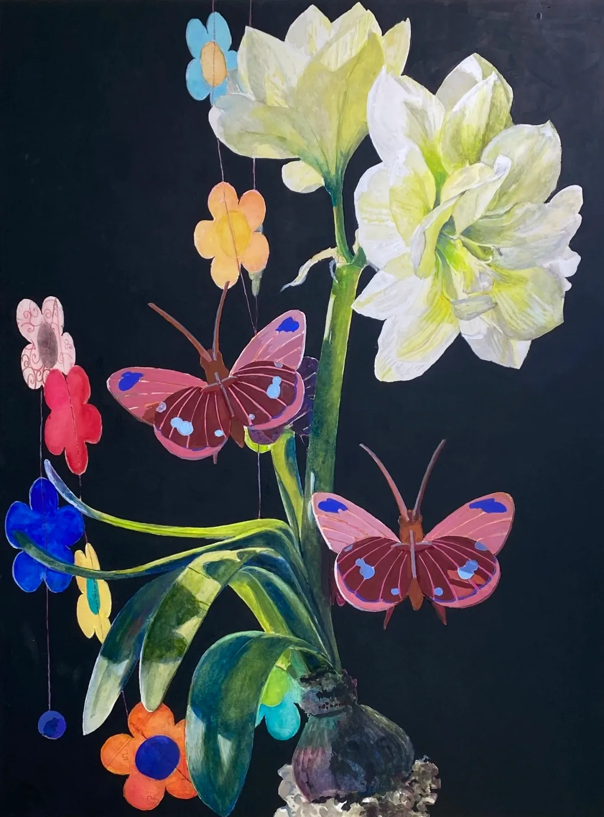Colorful wildflowers and butterflies rendered in acrylic on a dark background.