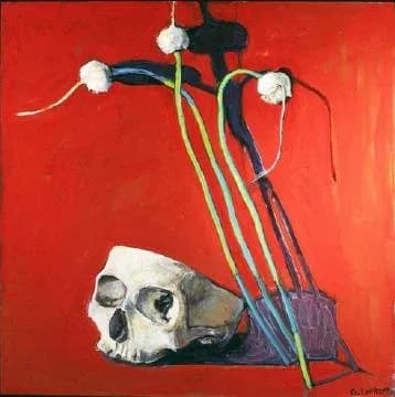 White skull and white anemones with trailing stems on a bold red ground, oil painting.