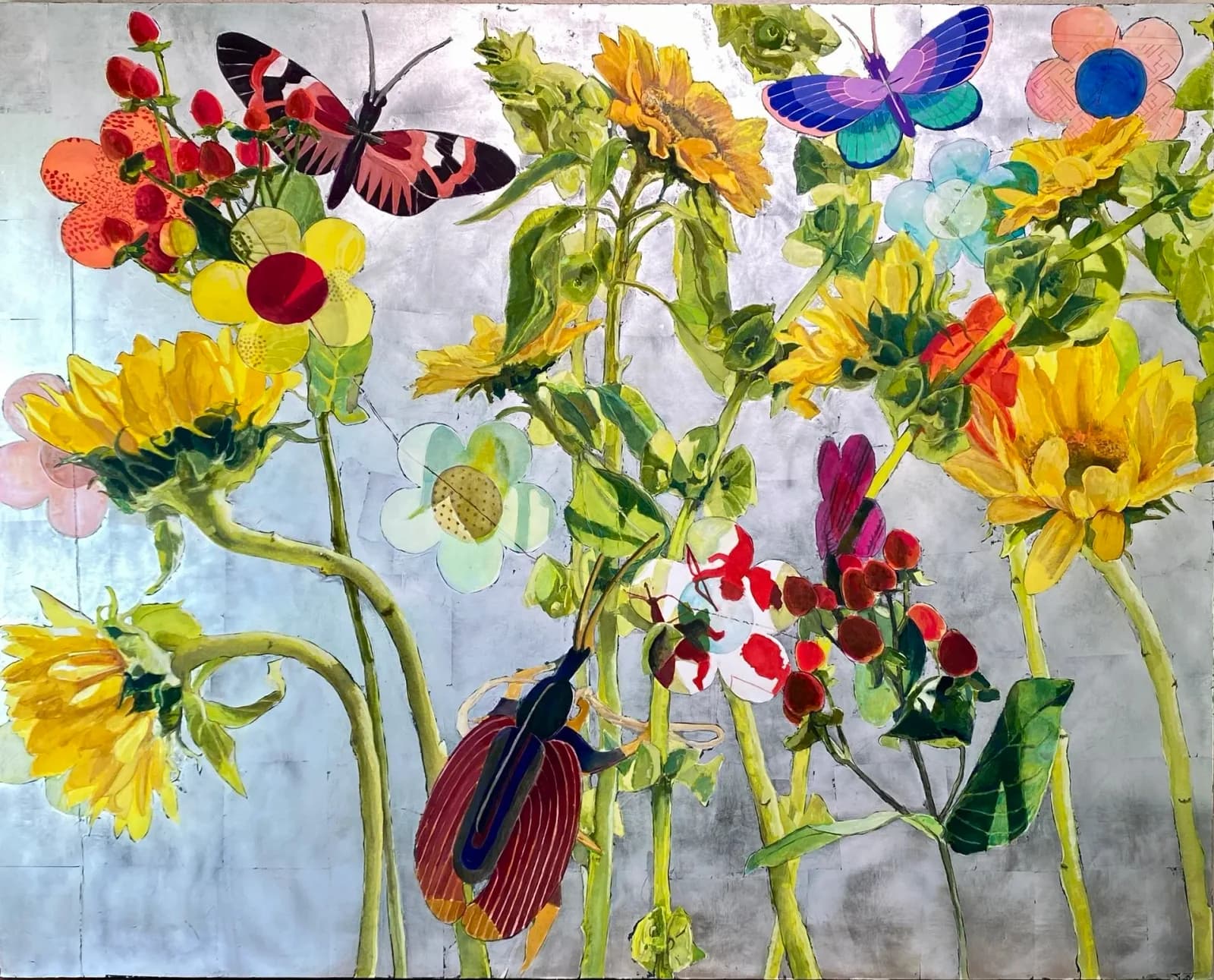 Watercolor composition of sunflowers, dahlias, and butterflies in a lively garden arrangement.