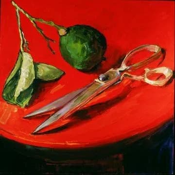 Oil painting of fresh okra and garden scissors arranged on a bold red ceramic plate.