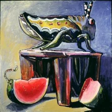 A surreal oil painting depicts an oversized grasshopper balanced on a table beside watermelon slices, defying scale and logic.
