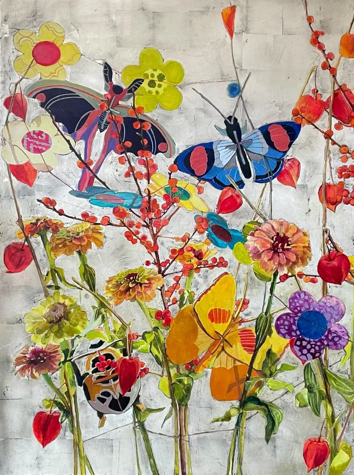Vibrant mixed-media painting of wildflowers and butterflies on a textured white background.