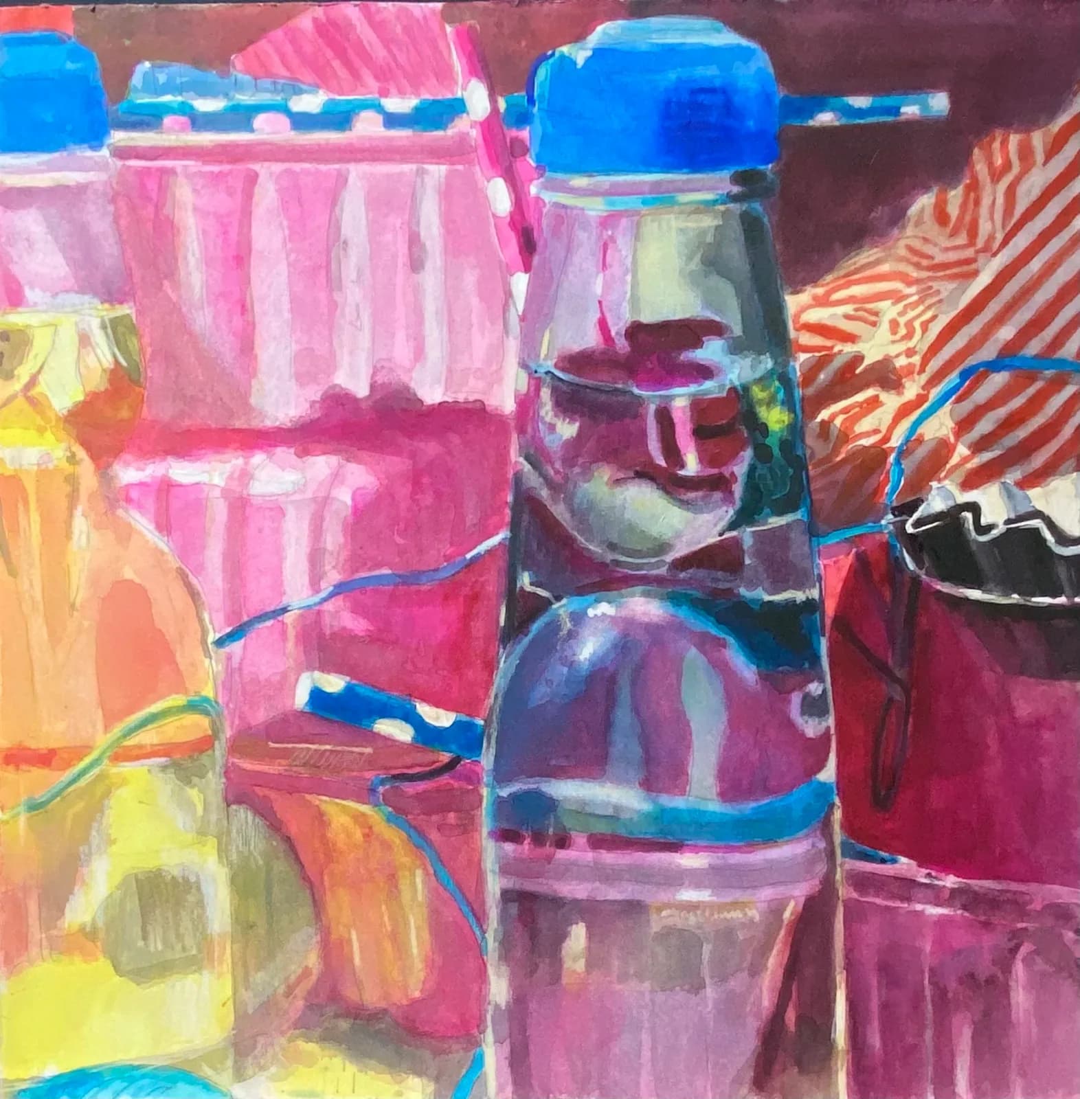 Abstract acrylic painting of stacked and overlapping containers in hot pink, blue, yellow, and orange hues.