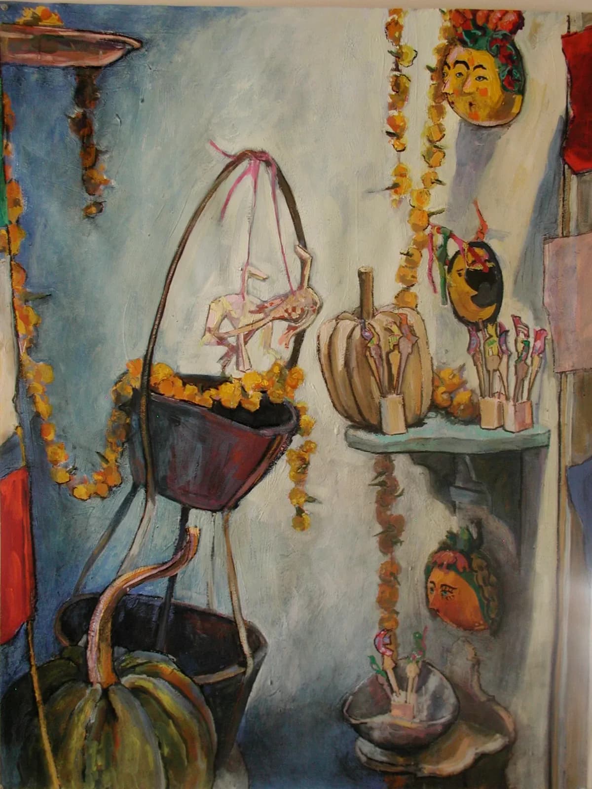 Oil painting of hanging planters with gourds and marigold garlands adorning a studio wall.