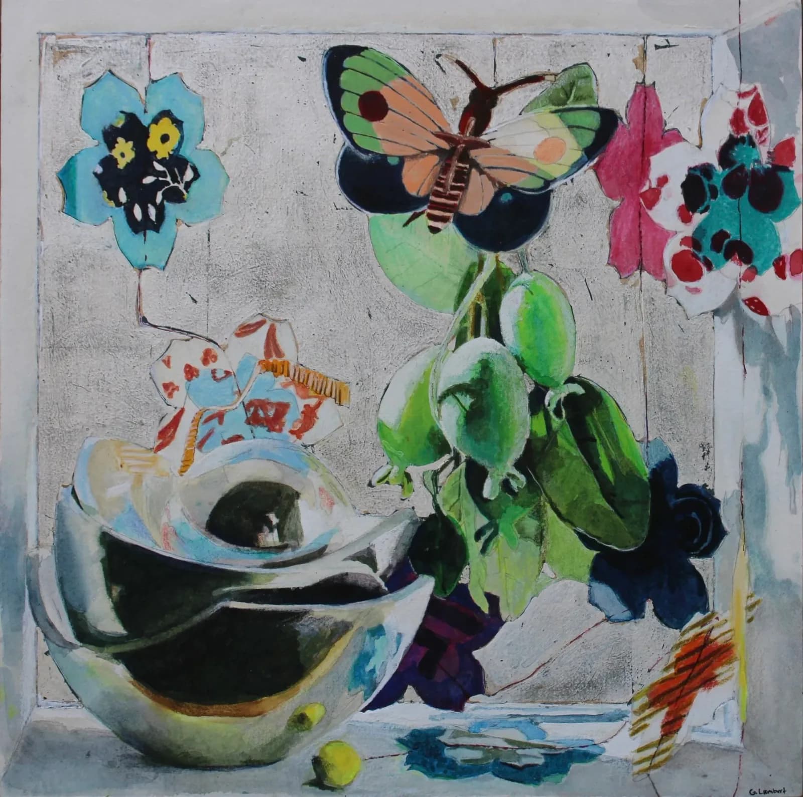 Mixed-media collage combining painted flowers, a butterfly, and a white vessel on paper.