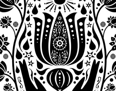 Intricate black-and-white ink drawing with symmetrical botanical and celestial motifs arranged in a repeating pattern.