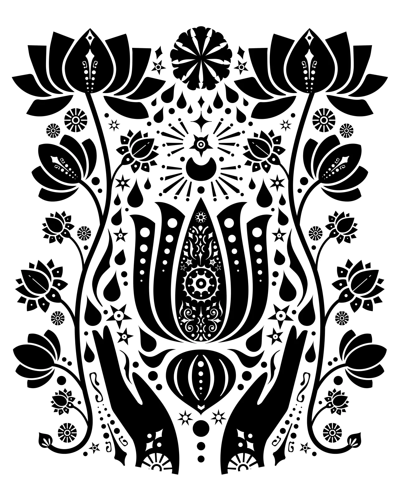 Symmetrical ink illustration of ornamental lotuses, hands, and celestial motifs in folk-art style.