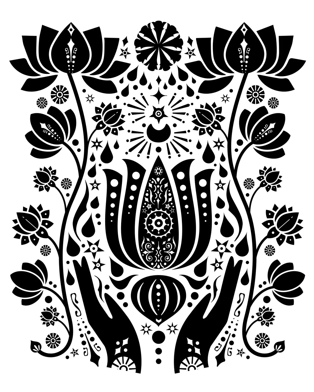 Symmetrical ink drawing of stylized lotus flowers and botanical ornaments in folk art style.