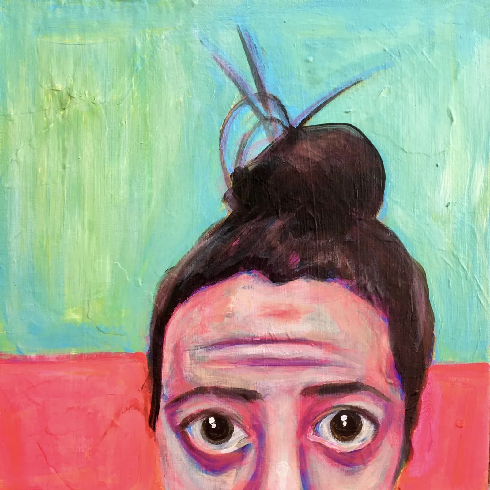 A stylized portrait with an expressive face, dark hair bun with antennae, set against a vibrant green and coral background.