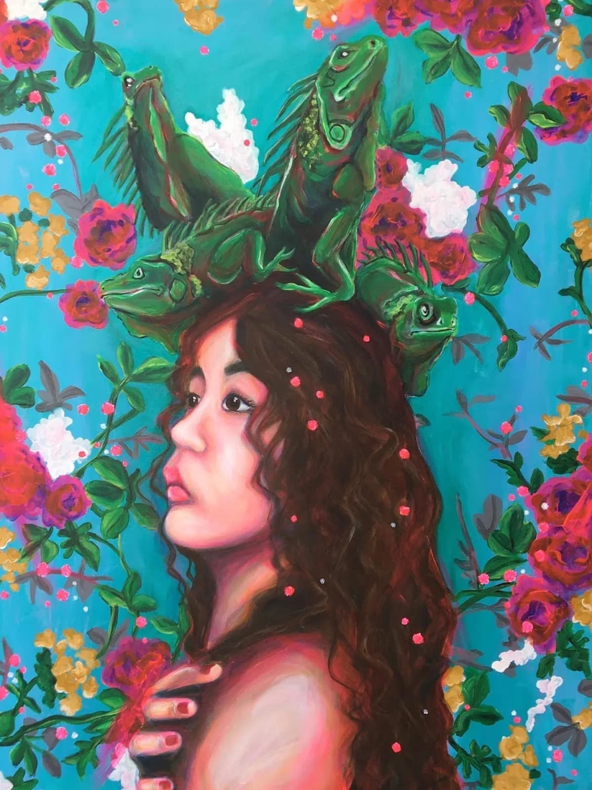A figurative portrait of a woman with frogs atop her head, surrounded by blooming flowers on a turquoise ground.