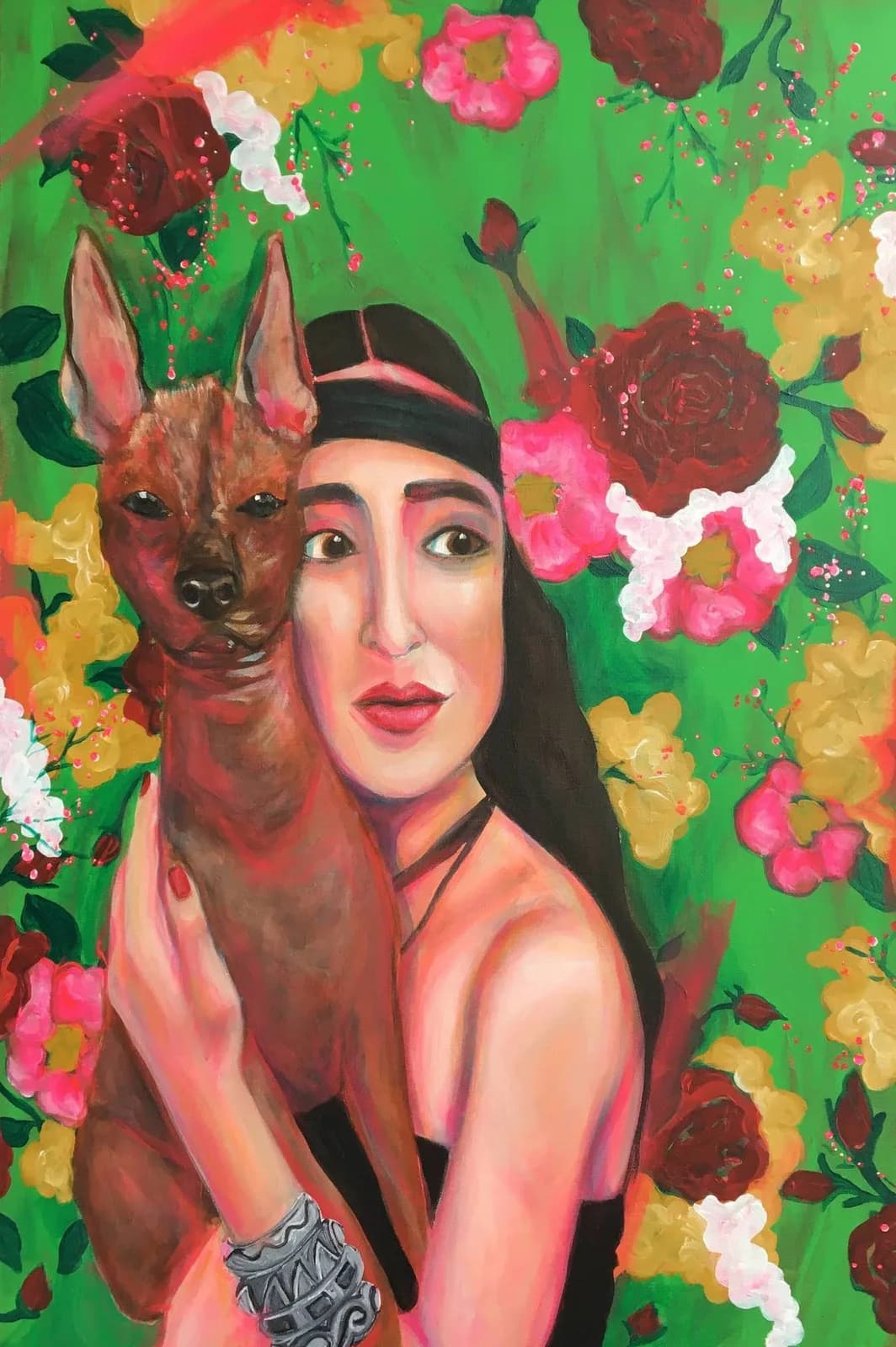 A figure with a dog companion surrounded by colorful flowers in acrylic on a bright green background.