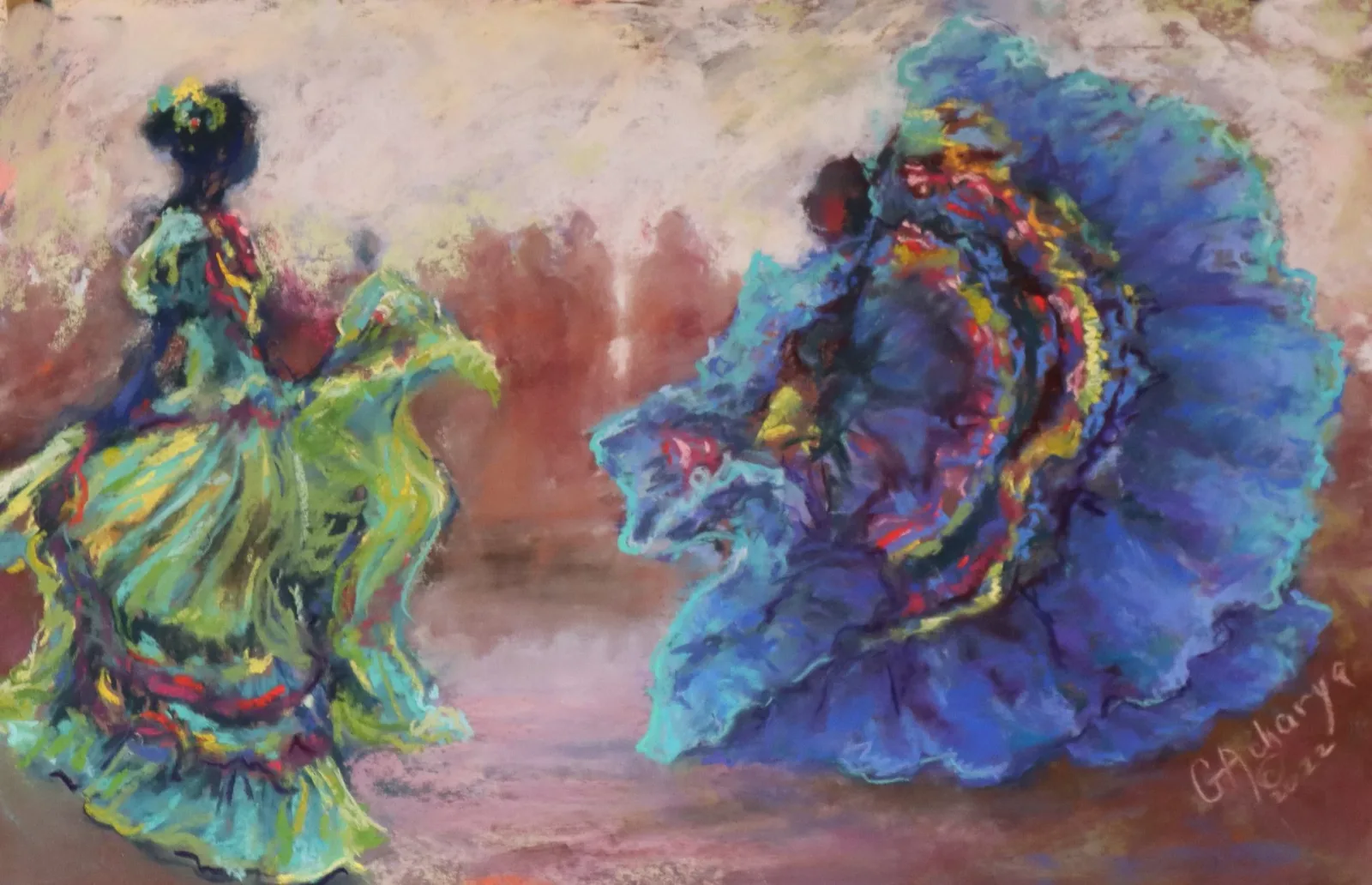 Two stylized figures in vibrant, flowing costumes interact on a softly blended background, rendered in pastel.