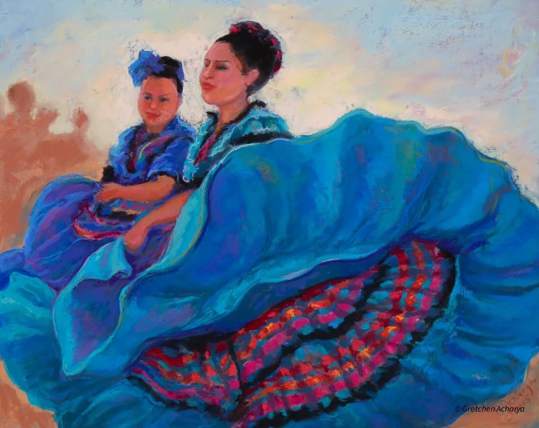 A woman and child wrapped in flowing blue fabric against a warm sky, rendered in loose acrylic brushwork.