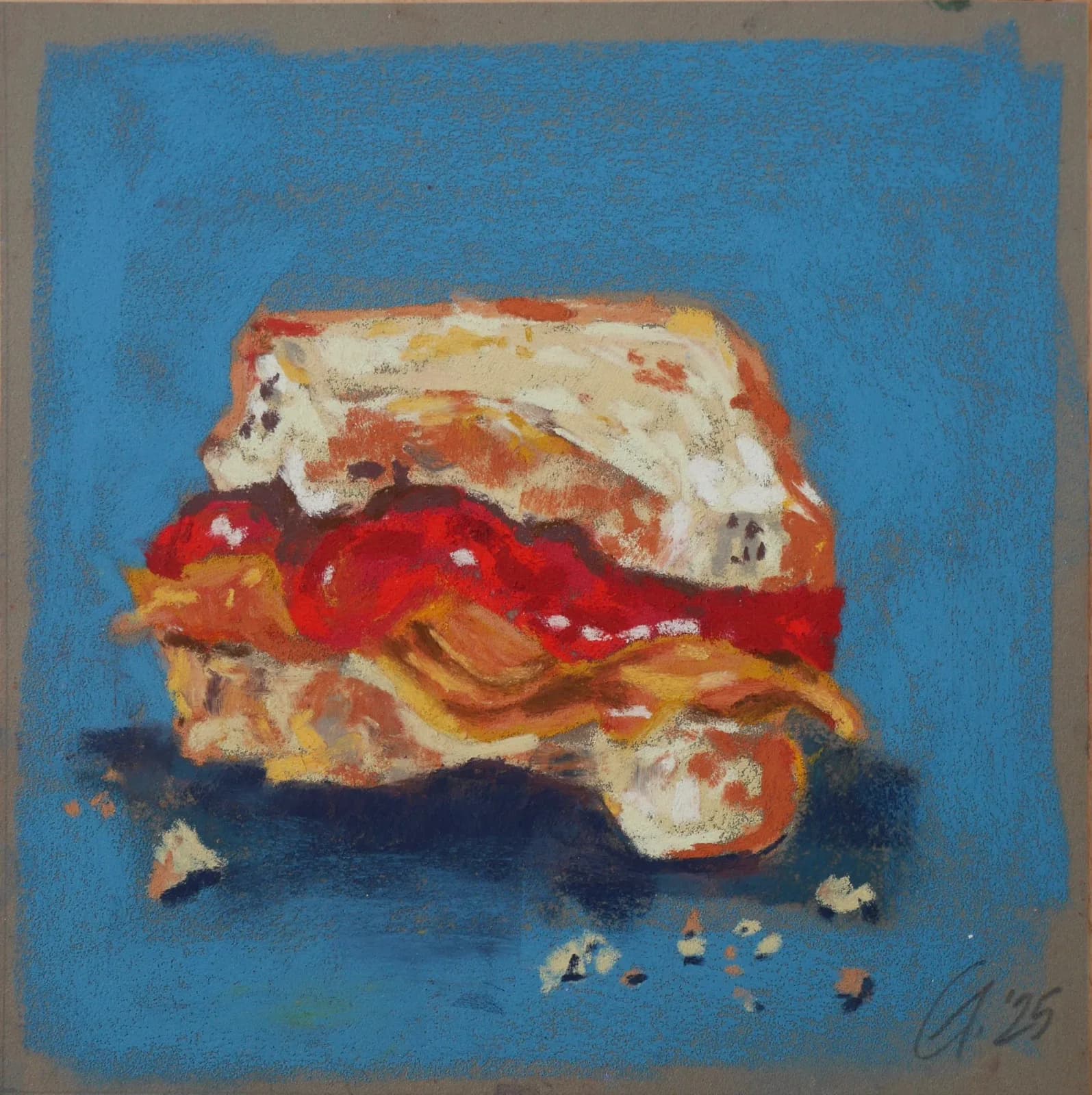 A layered sandwich with bright red peppers and white bread rendered in vivid pastel against a blue background.