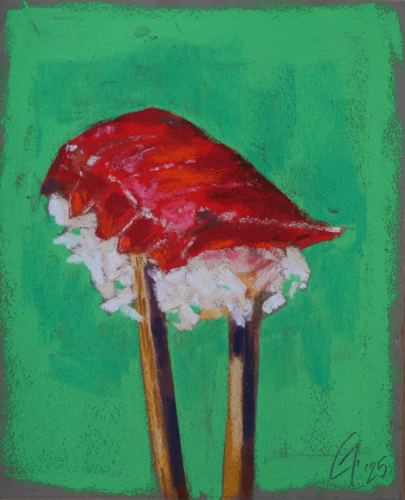 A red mushroom with white gills and tan stem stands against a vivid green background in pastel.
