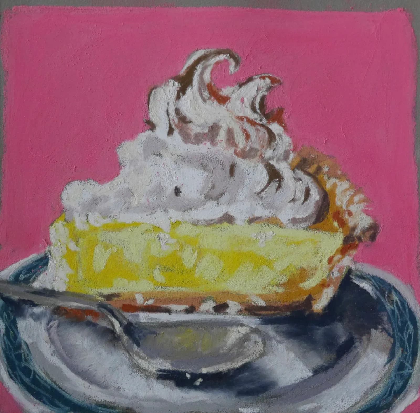 A slice of yellow cake with white whipped cream frosting sits on a gray plate against a vibrant pink background.