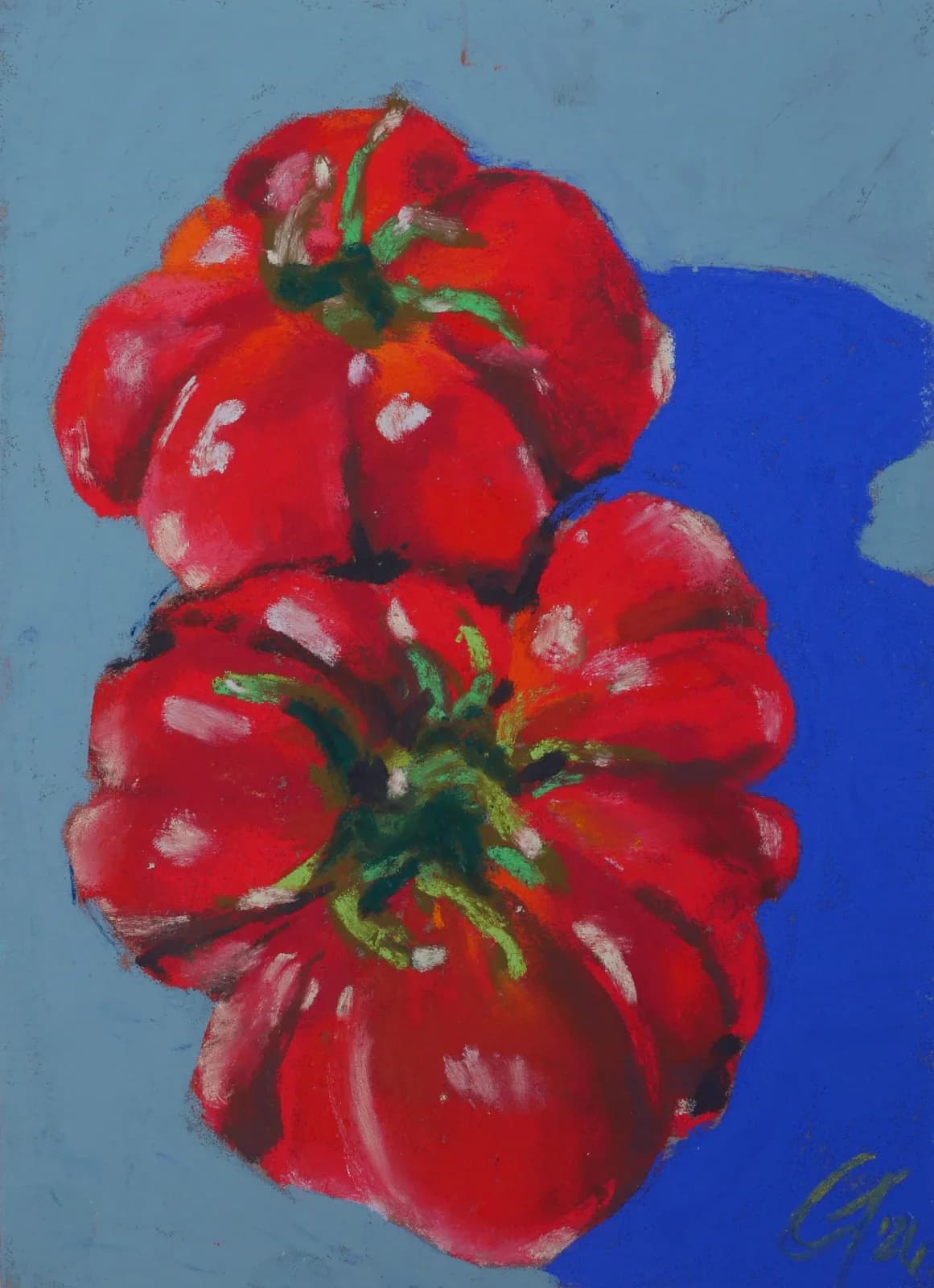 Two red tomatoes with green stems rendered in oil paint against a blue background.