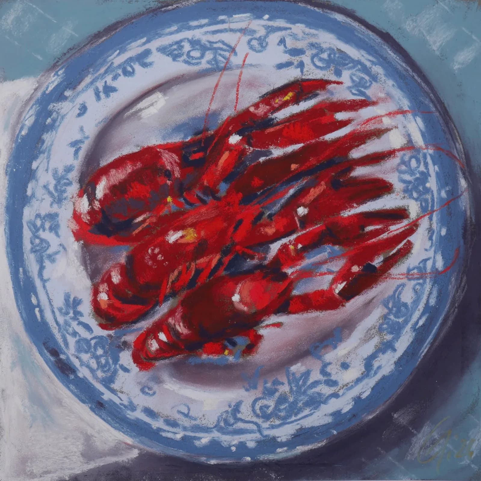 Red lobster arranged on a blue-and-white ceramic plate, rendered in oil paint.