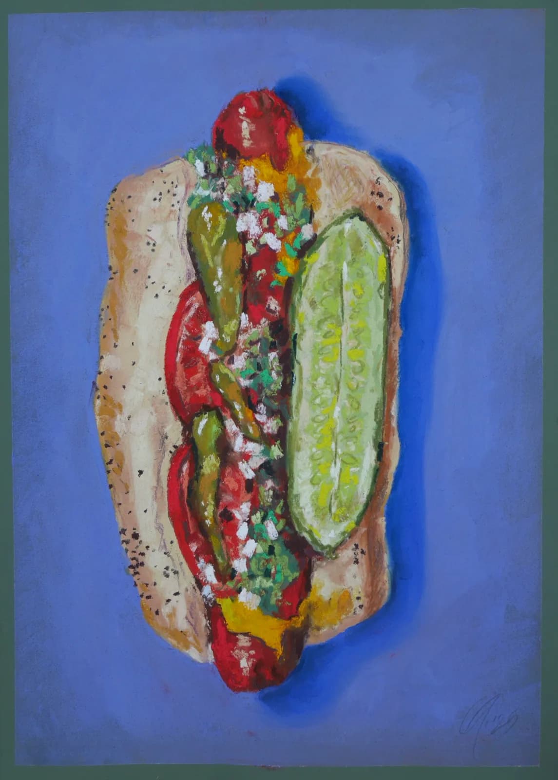 A fully loaded hot dog with mustard, peppers, and garnish rendered in oil paint against a blue background.
