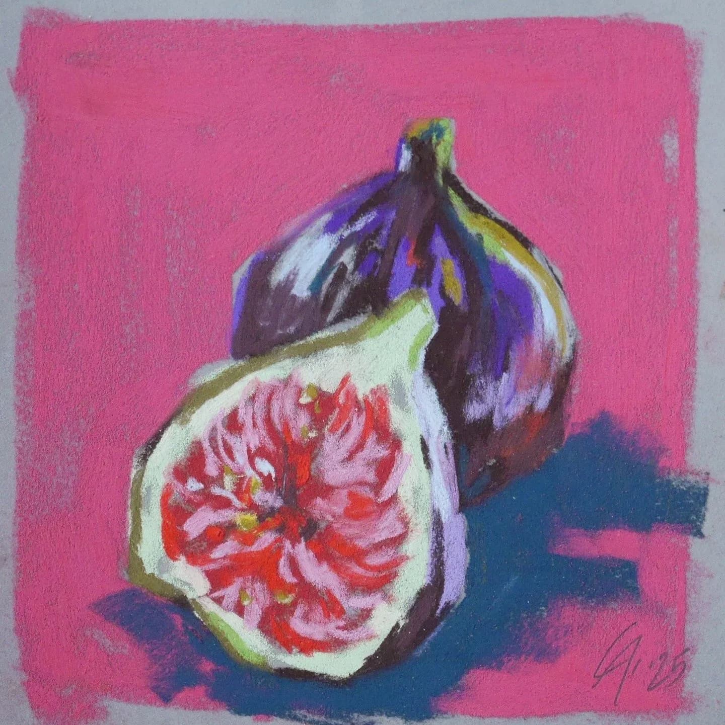 A sliced fig with deep purple skin and red interior against a vivid pink background, rendered in pastel.