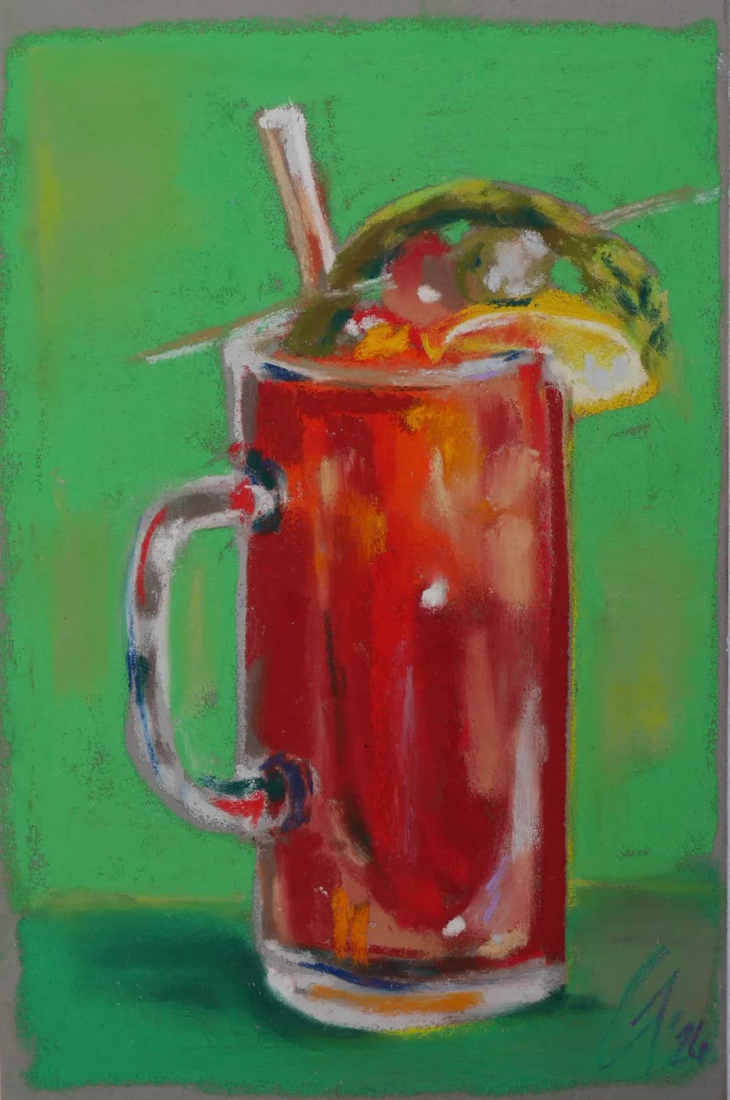 A tropical cocktail in a tall red glass with lime slice and straw against a bright green background.