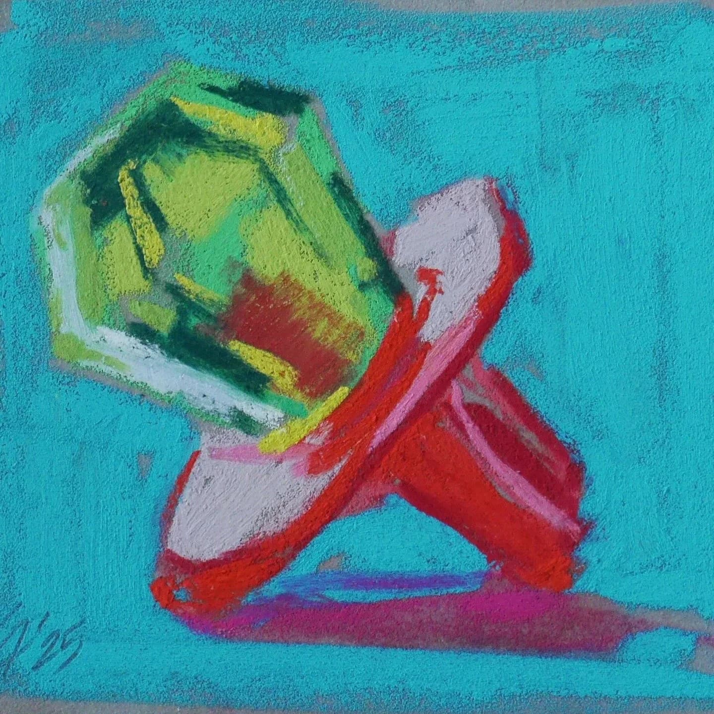 Abstract pastel study of geometric and sculptural forms in vibrant greens, reds, and turquoise.